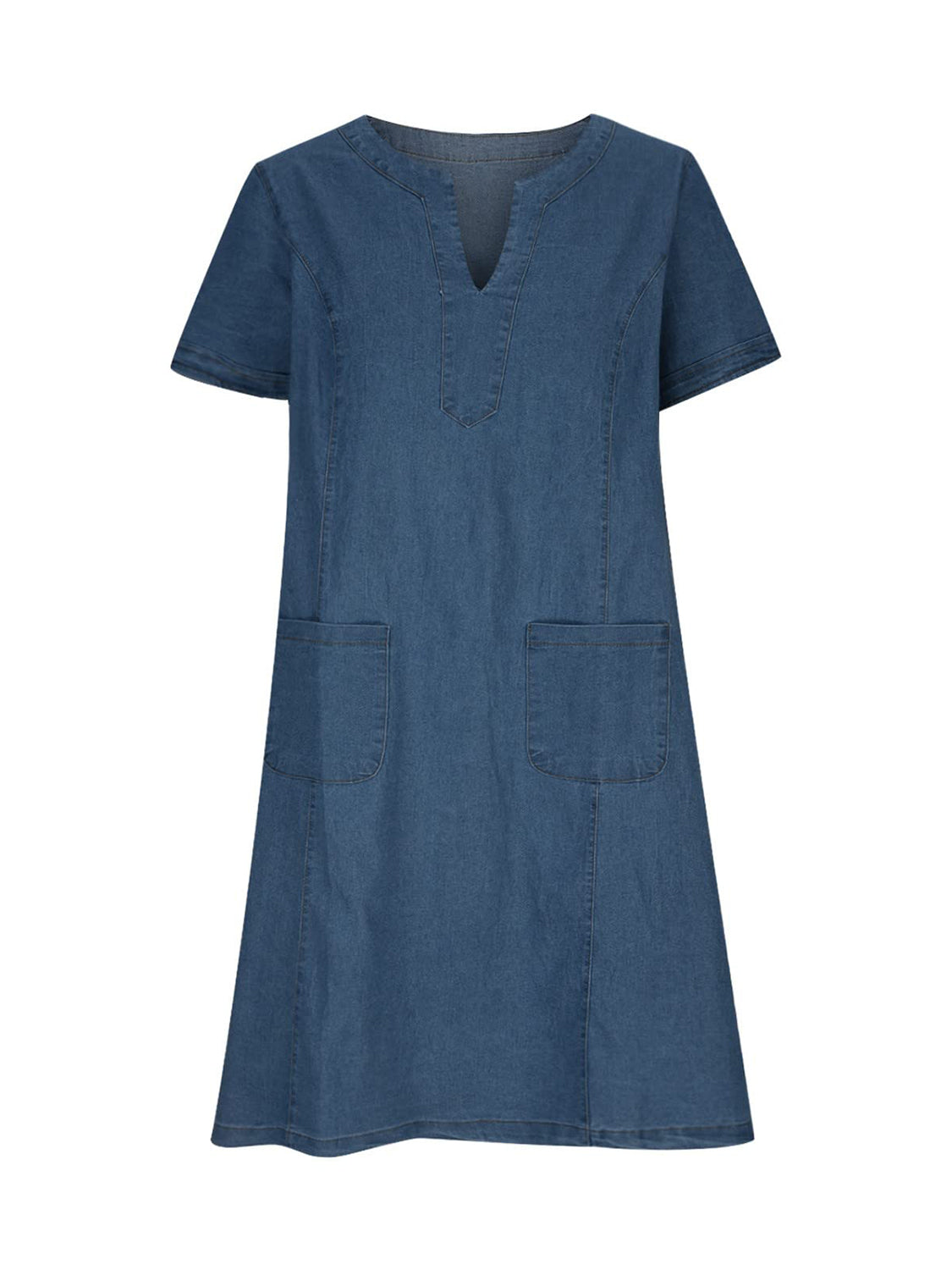 Full size notched short sleeve denim dress by Plush Fashion Hub, featuring a stylish design and classic denim fabric.