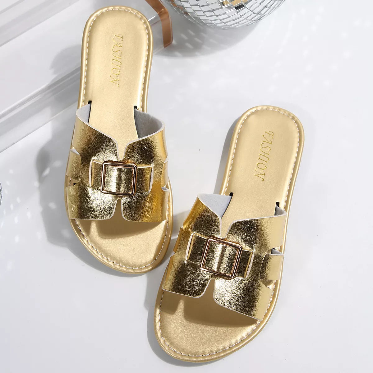 Elegant Buckle Slide Sandals from Shopimist with a sleek strap and stylish buckle detail, perfect for casual summer wear.