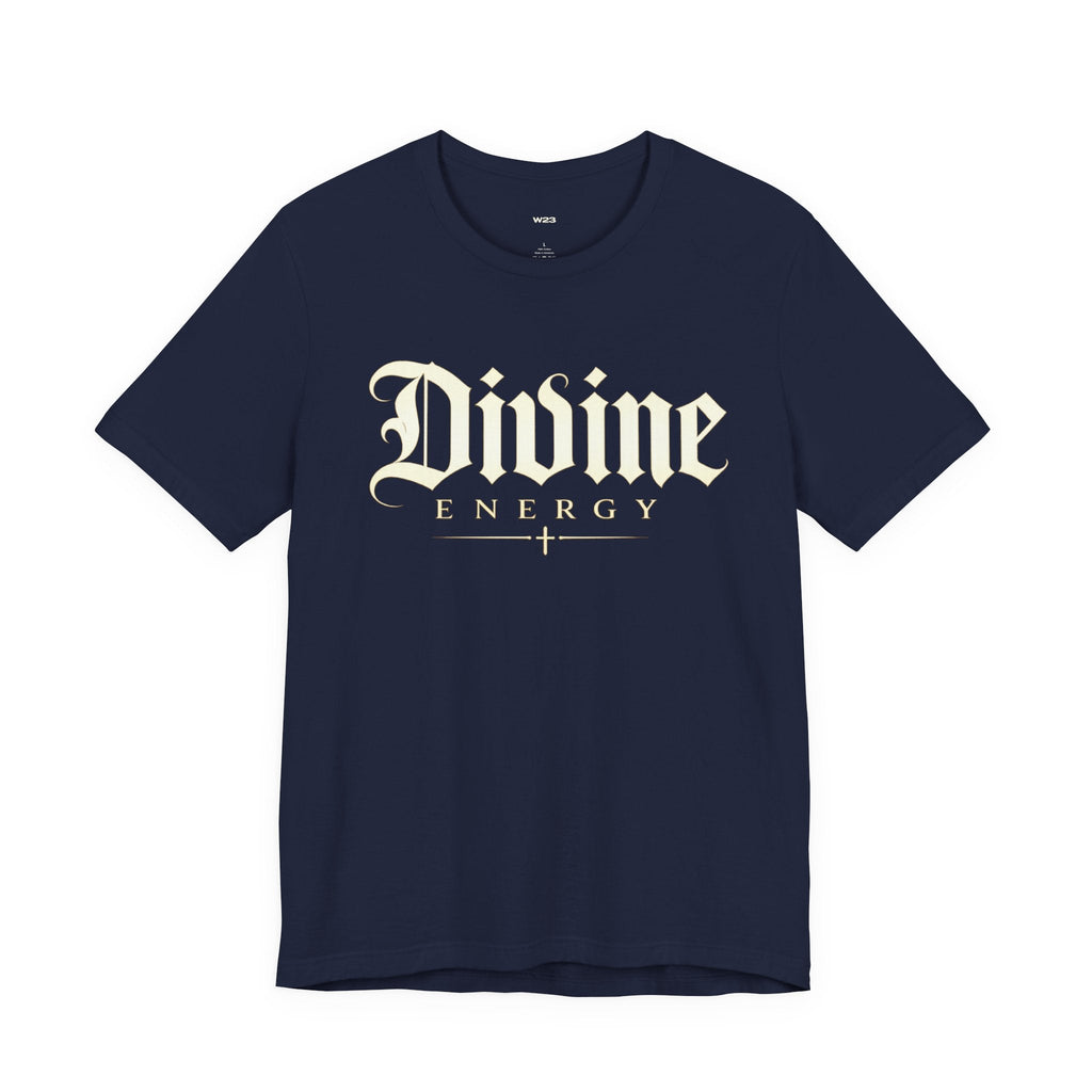 Black T-shirt featuring gothic script "Divine Energy" faith graphic from Wear Your Worship, displayed on a plain background.