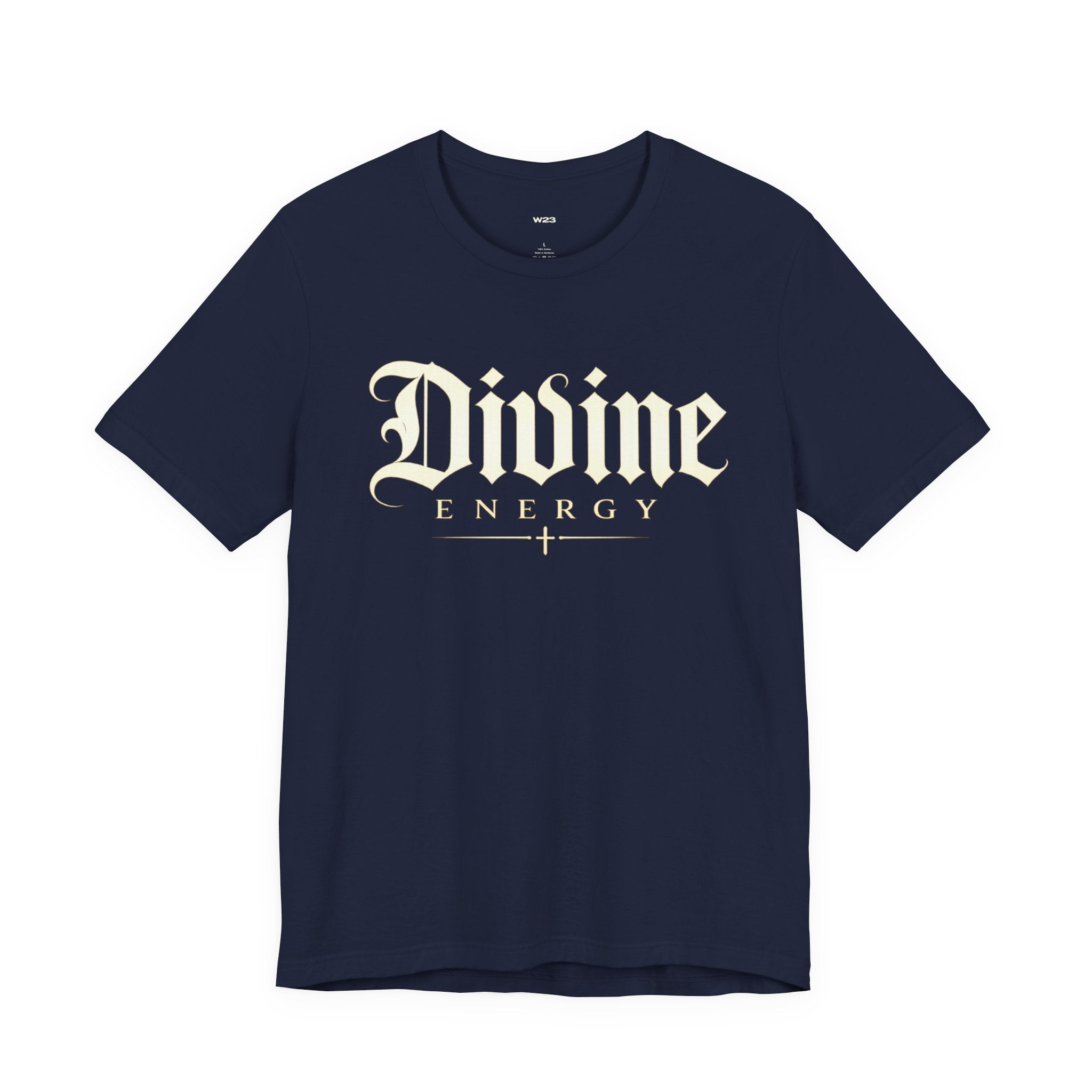 Black T-shirt featuring gothic script "Divine Energy" faith graphic from Wear Your Worship, displayed on a plain background.
