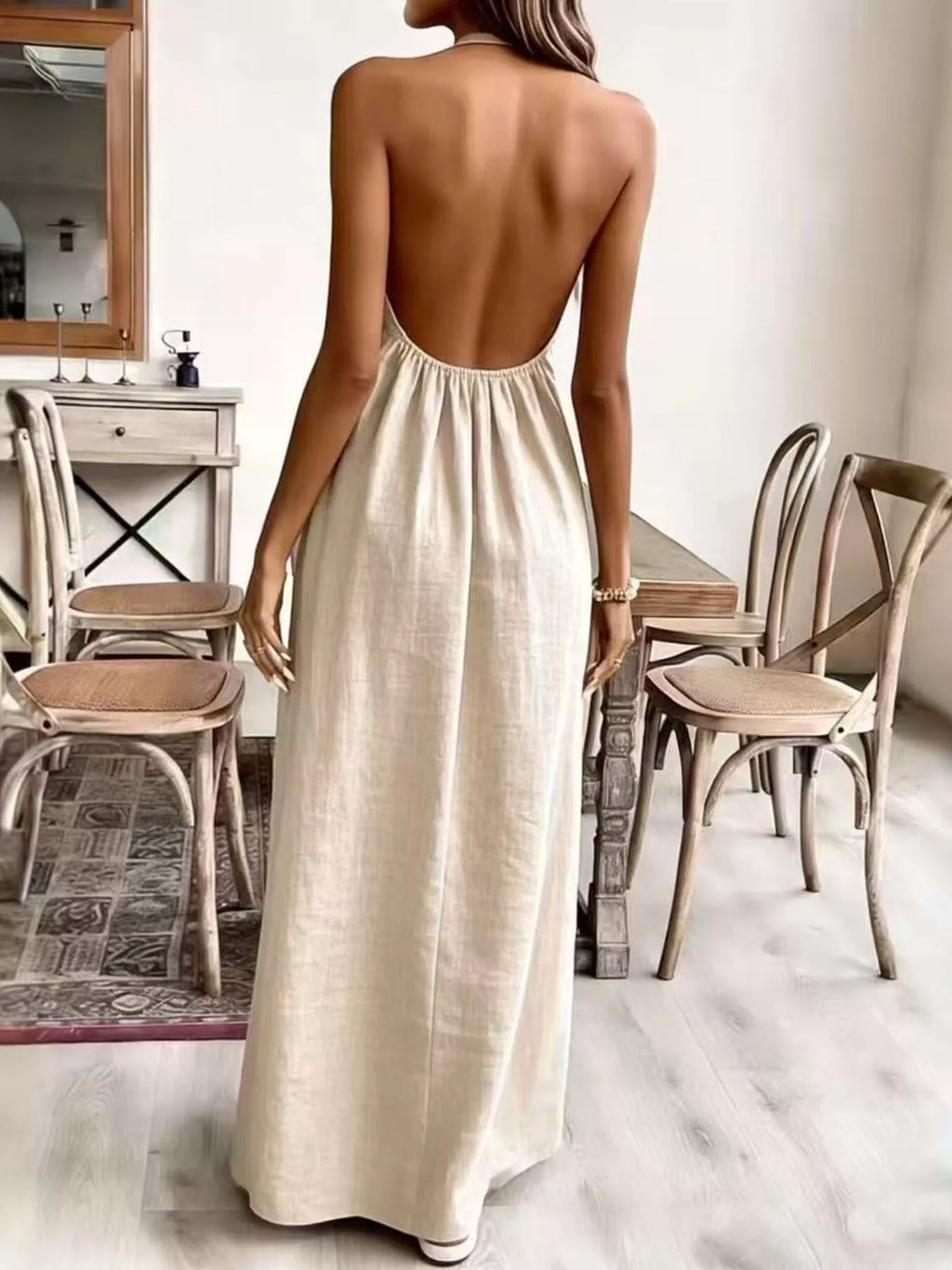 Shopimist halter neck maxi dress featuring a flowing silhouette and elegant design, perfect for summer or special occasions.