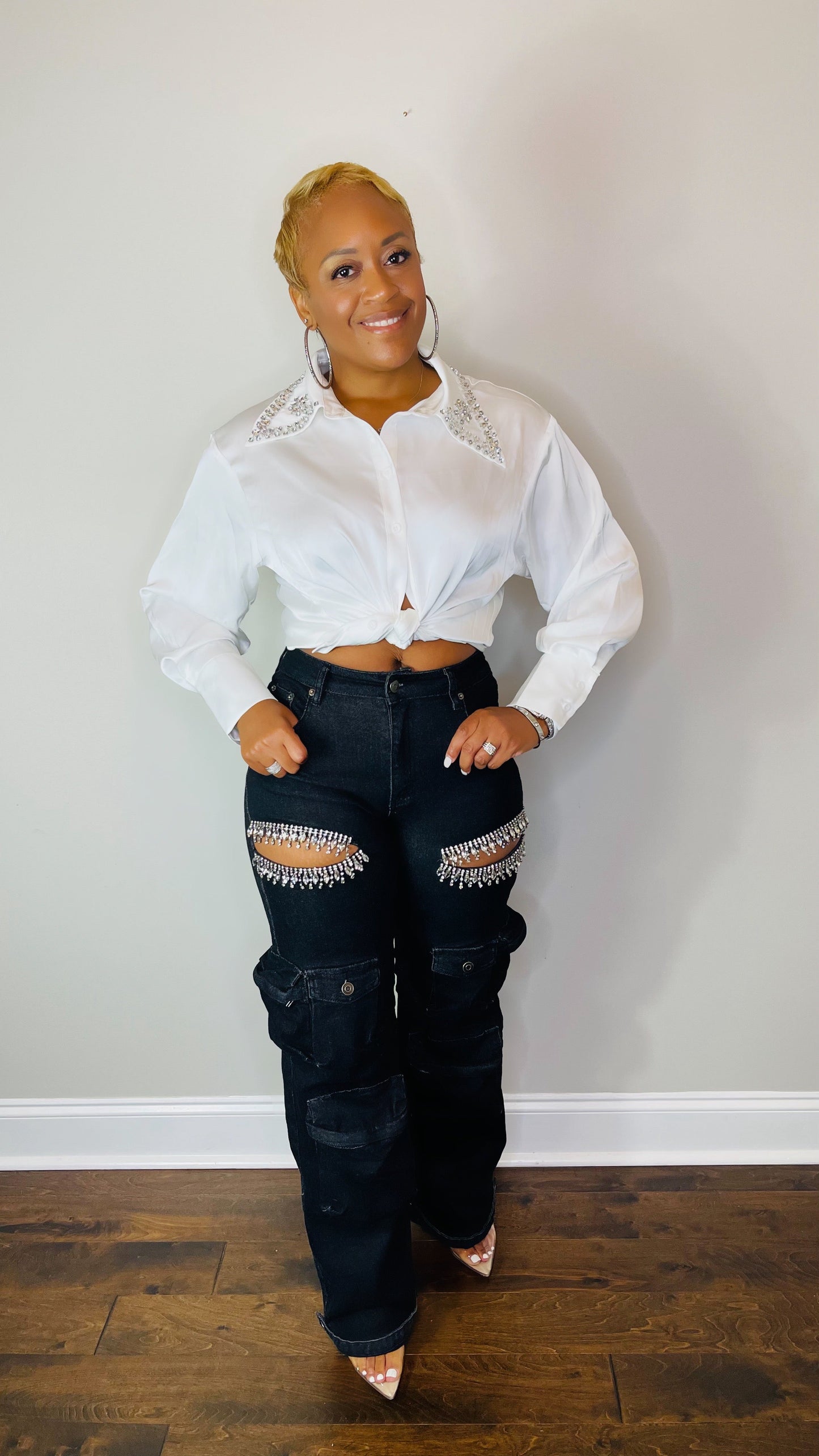 Rhinestone Embellished Cargo Jeans The Bella Noire Store