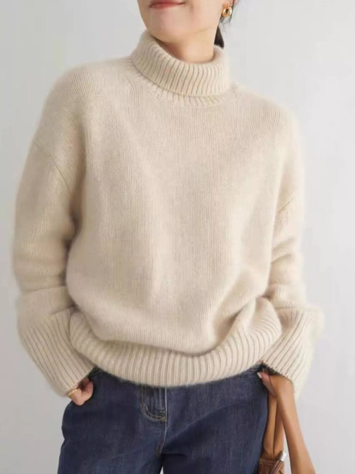Simply Love turtleneck dropped shoulder sweater in soft knit fabric, featuring a cozy turtleneck and relaxed fit.