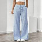 Women's striped print wide-leg casual pants with pockets, straight fit, and long length from FitiqueFit.