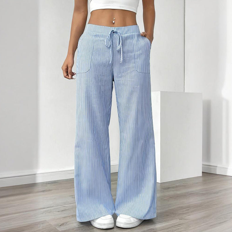 Women's striped print wide-leg casual pants with pockets, straight fit, and long length from FitiqueFit.
