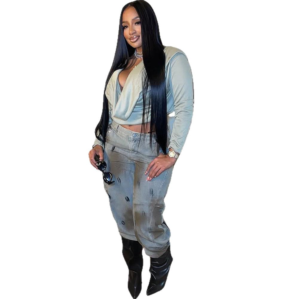 Vintage Distressed Denim Pants for Women, Washed Painted Dirty Look Long Jeans, Autumn Winter New Style
