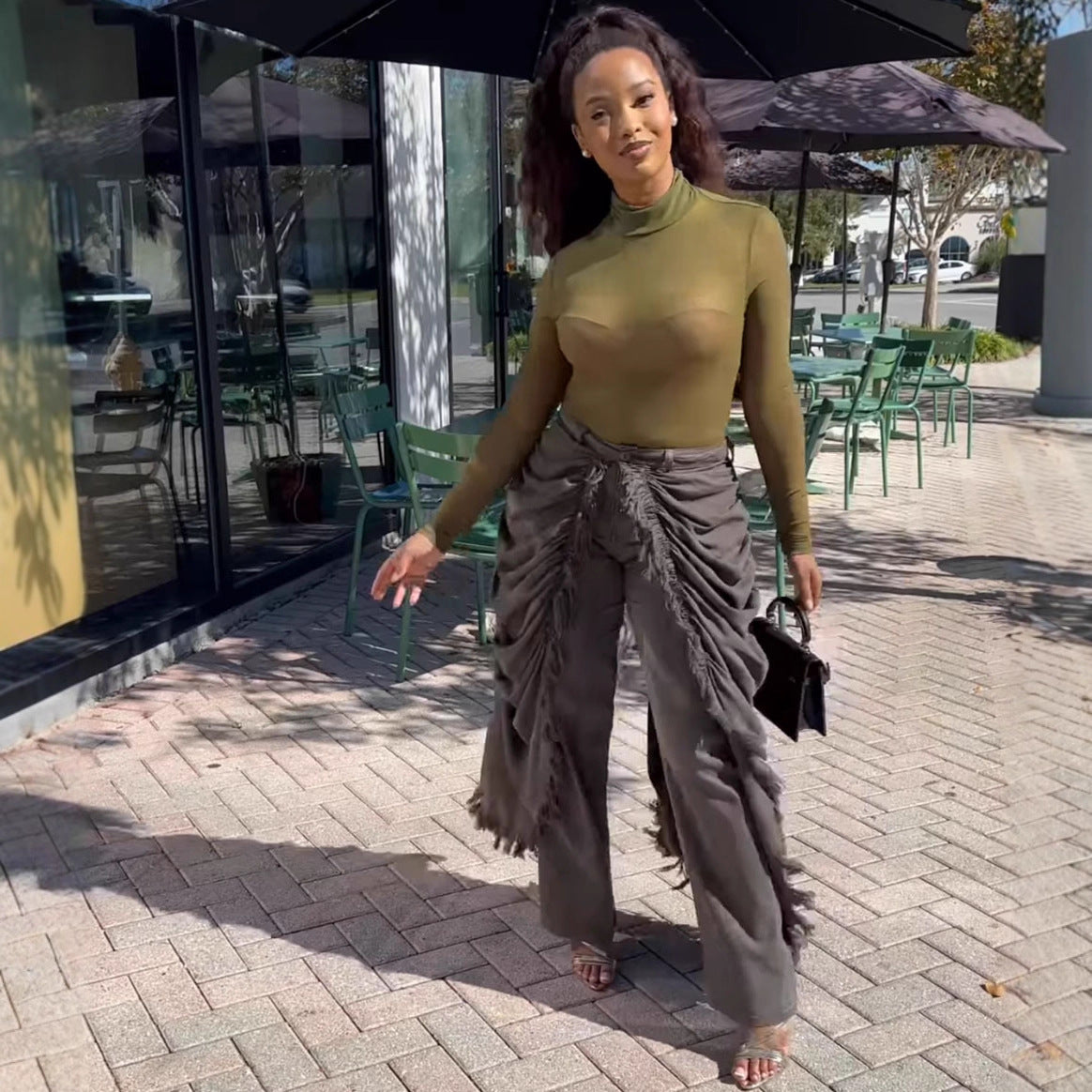 Plush Fashion Hub high-waist pleated brushed edge straight leg jeans displayed flat, showcasing their classic denim style and detailed stitching.