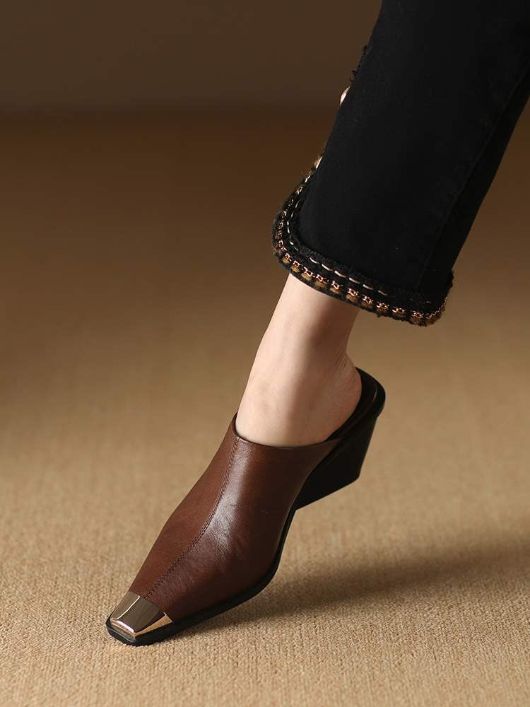 Elegant Genuine Leather Heeled Mules