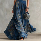 Women's Navy Blue Artistic Print Sleeveless Fitted Bodice Swing Maxi Dress
