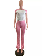 Shopimist contrast short sleeve tee and pants set, featuring a color-blocked top with matching casual pants, perfect for everyday wear.