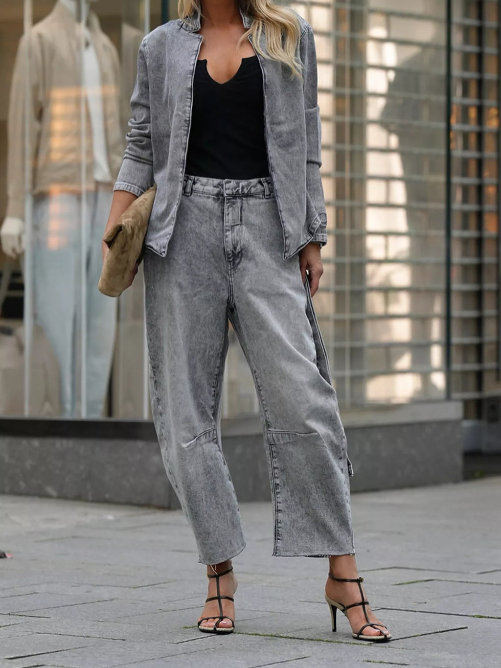 Trendsi long sleeve top and wide-leg denim jeans set, casual outfit with a stylish, relaxed fit and classic blue denim.