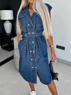VYSN denim dress with collared neck and cap sleeves, stylish casual clothing for women featuring a fitted silhouette and button front.