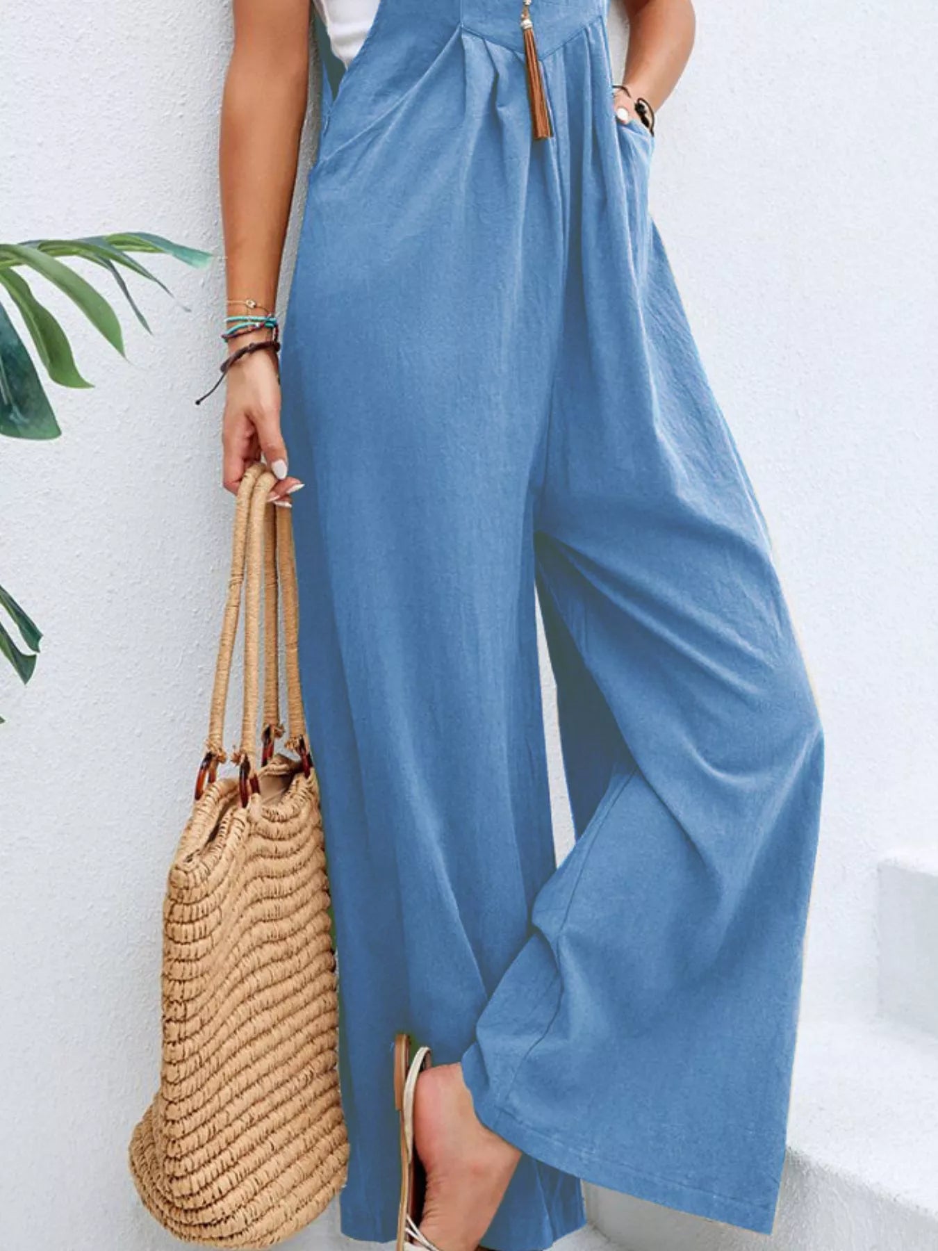 Plus size casual wide-leg overalls with pockets by Shopimist, full-length denim-style overalls, comfortable and stylish for everyday wear.