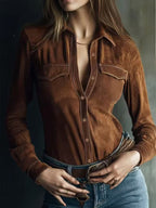 Deerskin velvet long sleeve patchwork blouse from Plush Fashion Hub featuring retro style and unique textured design.