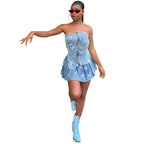 Women's Sexy Dress Set Fashion Trendy Irregular Strapless Top Pleated Skirt