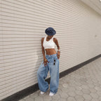 Washed Denim High-Waisted Straight-Leg Tied Pants