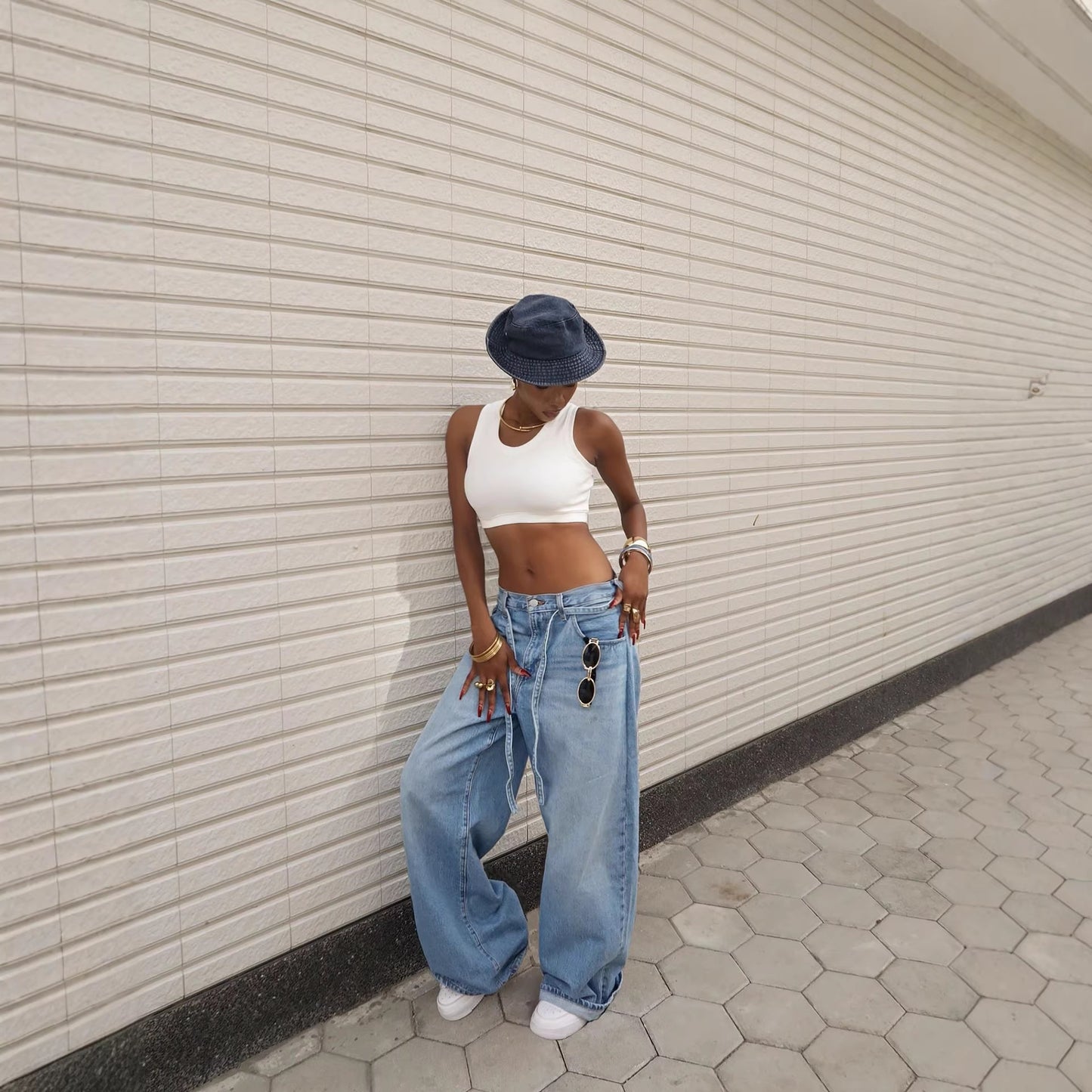 Eprolo washed denim high-waisted straight-leg jeans with tied waist detail, casual and stylish for everyday wear.