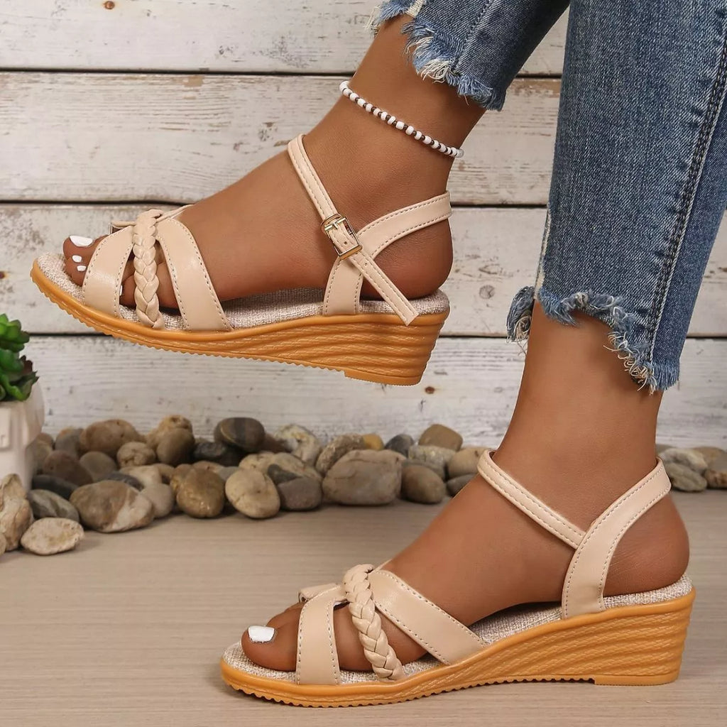 Shopimist open toe wedge sandals with cork heels and adjustable ankle straps, perfect for summer casual wear.