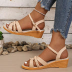 Shopimist open toe wedge sandals with cork heels and adjustable ankle straps, perfect for summer casual wear.