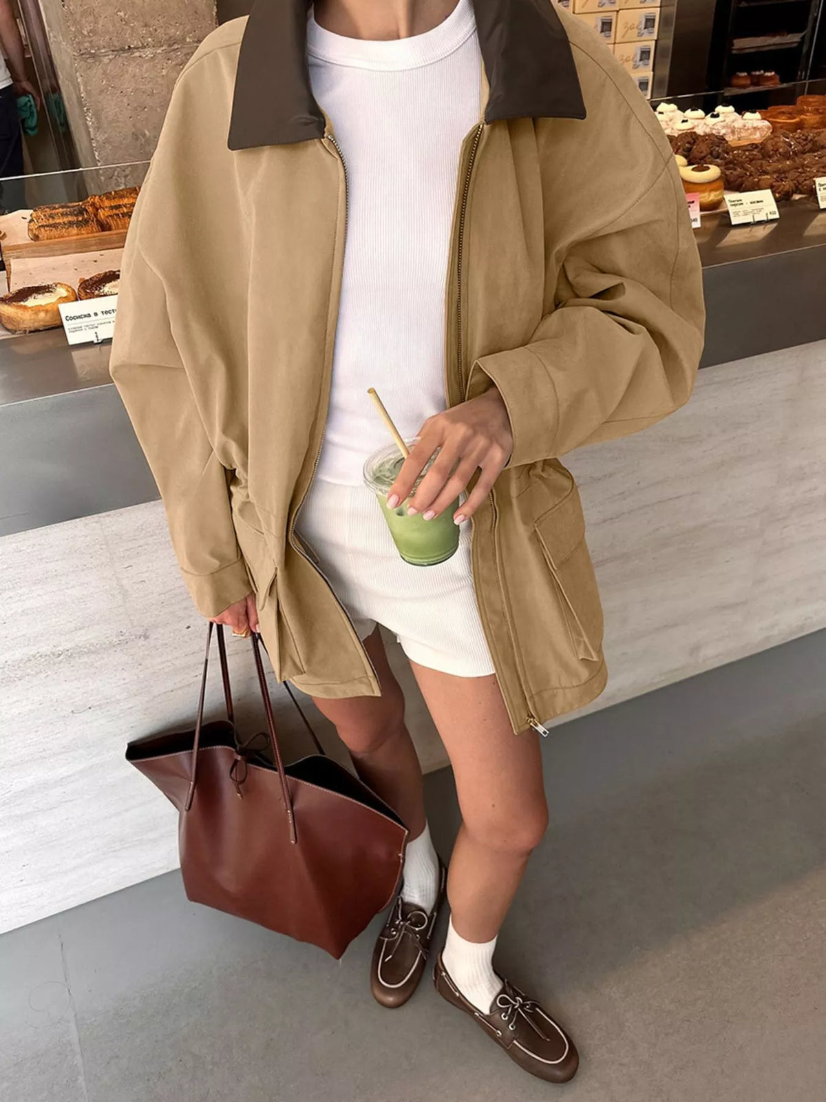 Oversized contrast collar jacket with drawstring waist from Trendsi, featuring a stylish, relaxed fit and adjustable details.