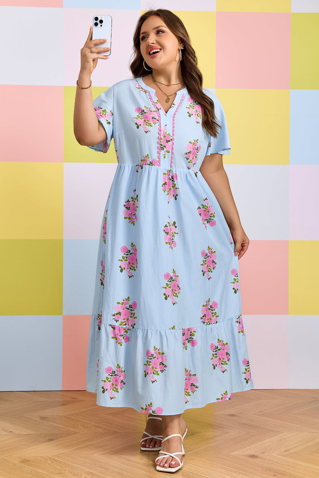 Plus size Lucy Print Scalloped Trim maxi dress by Threaded Pear, featuring a colorful floral pattern and scalloped hem detail.