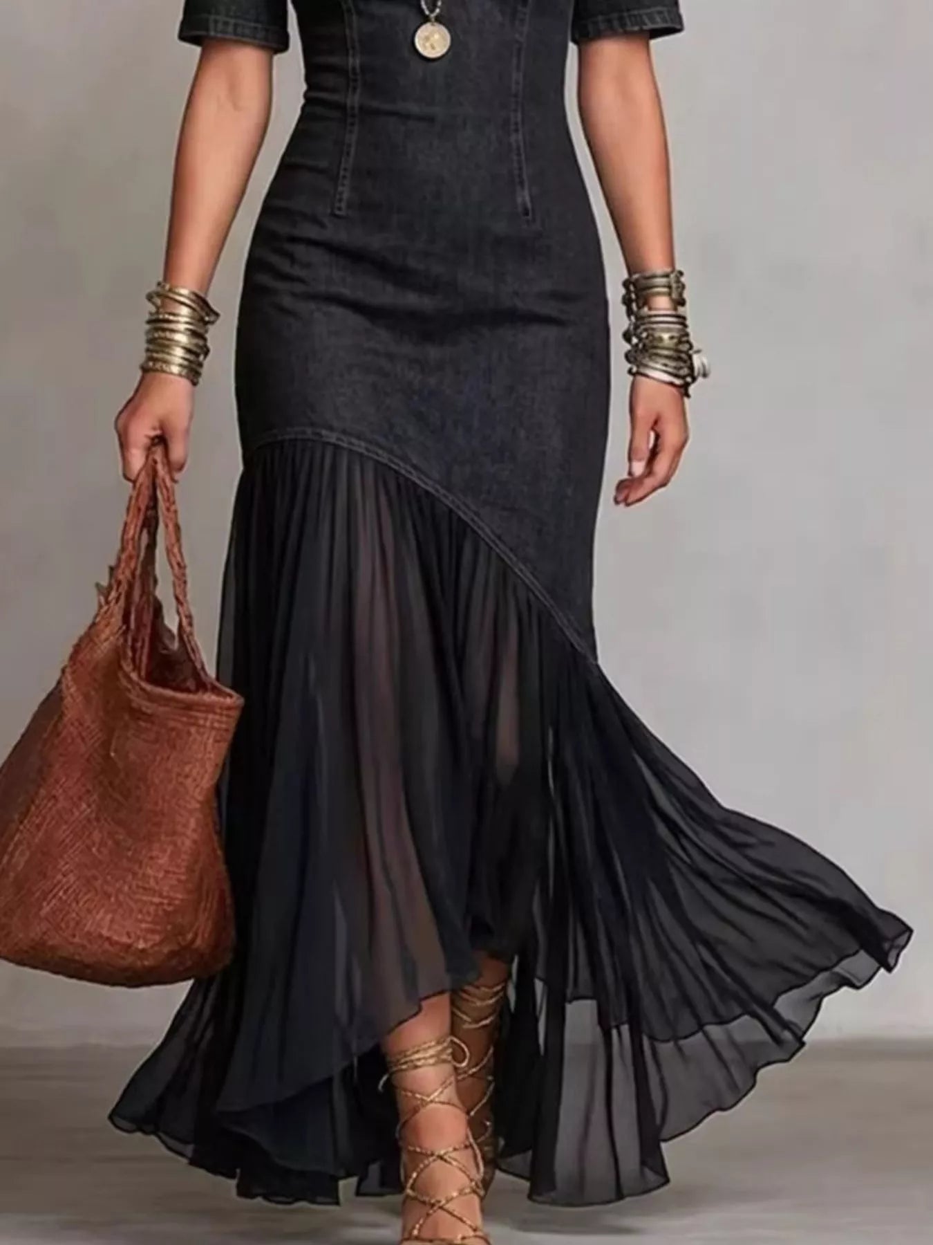 Plush Fashion Hub mock neck cold shoulder maxi dress with ruffle hem, flowing fabric, and stylish design for elegant occasion wear.