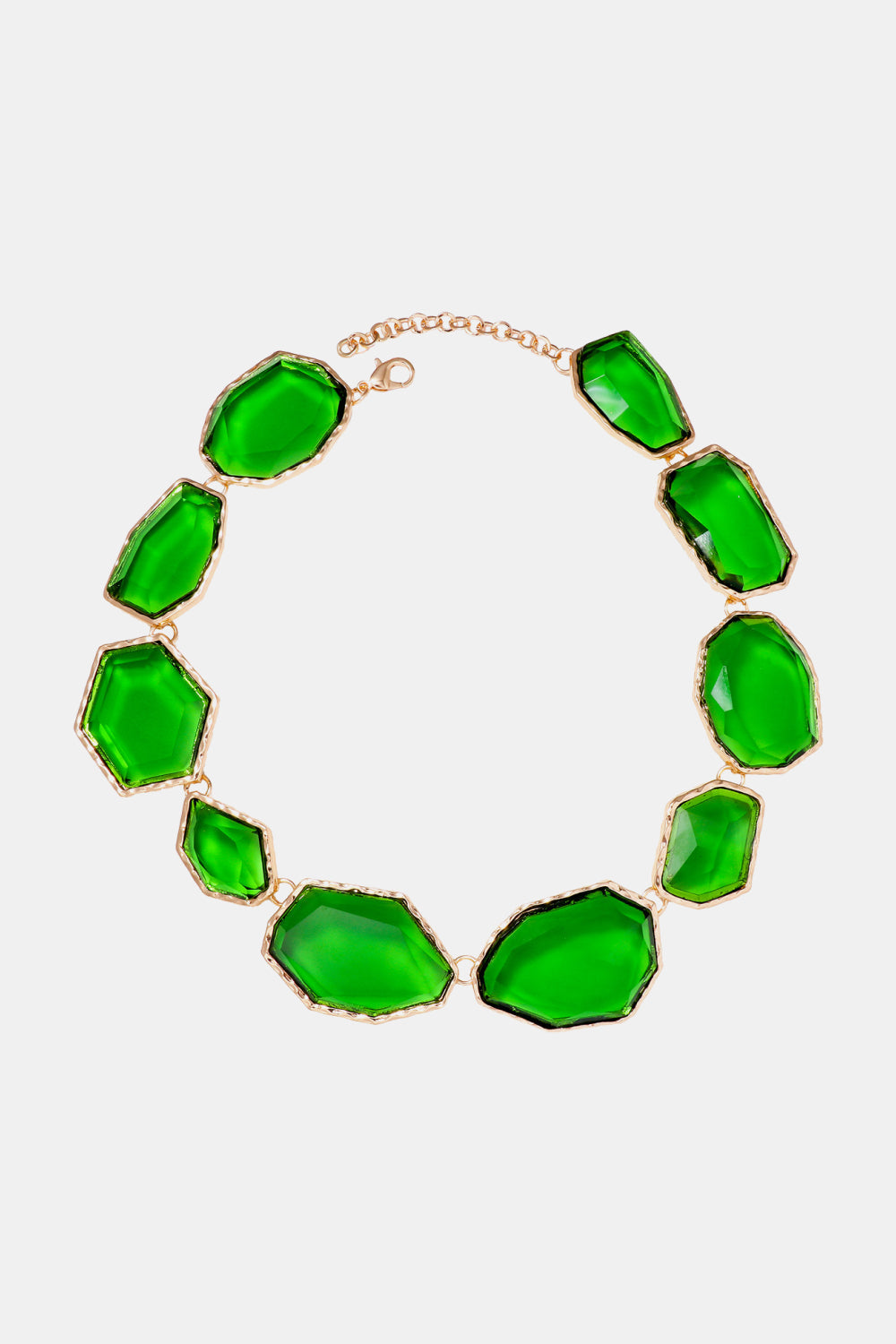 Geometrical shape resin necklace with zinc alloy frame, stylish jewelry piece from Plush Fashion Hub.