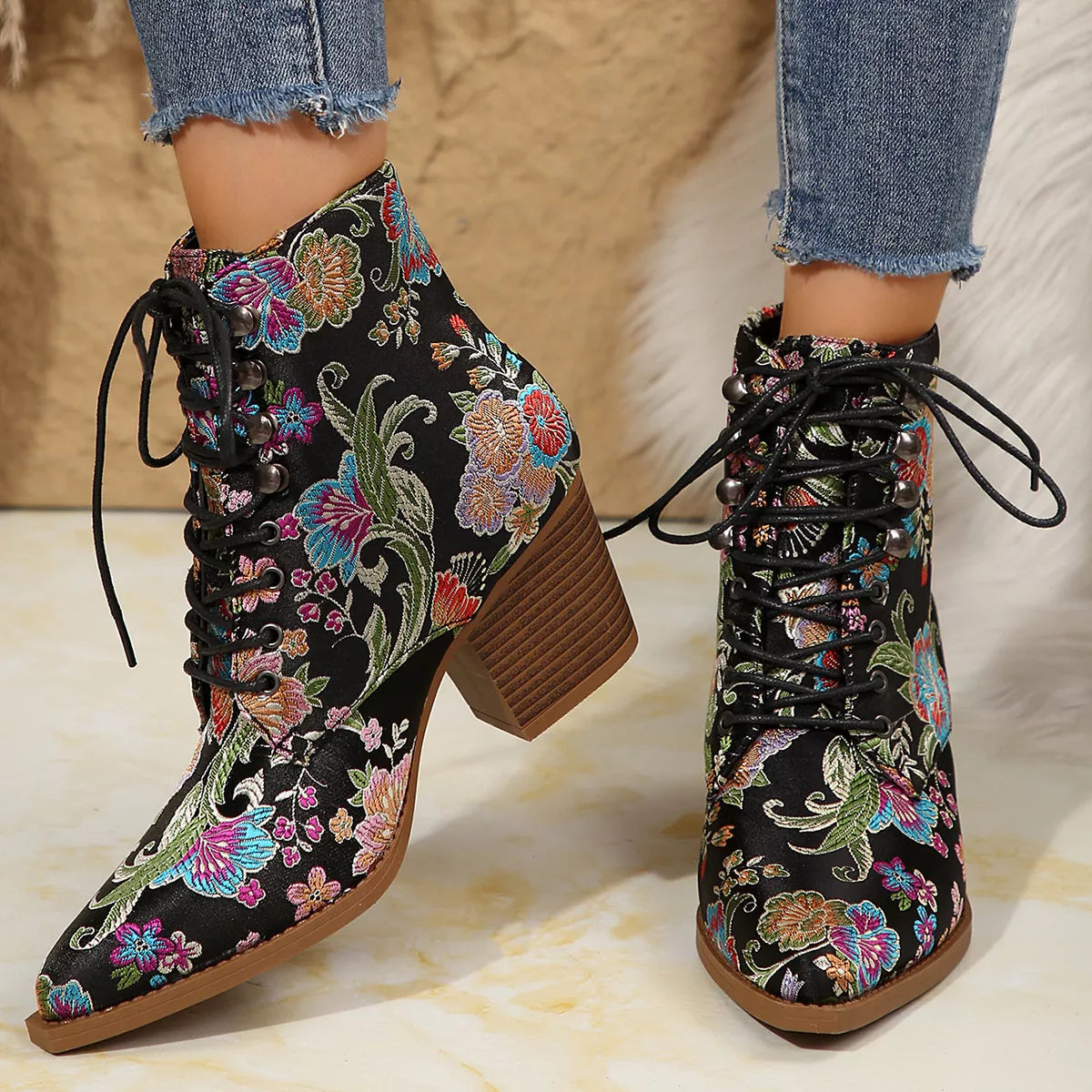 Trendsi point toe block heel boots showing sleek black footwear with sturdy block heels and pointed toes.