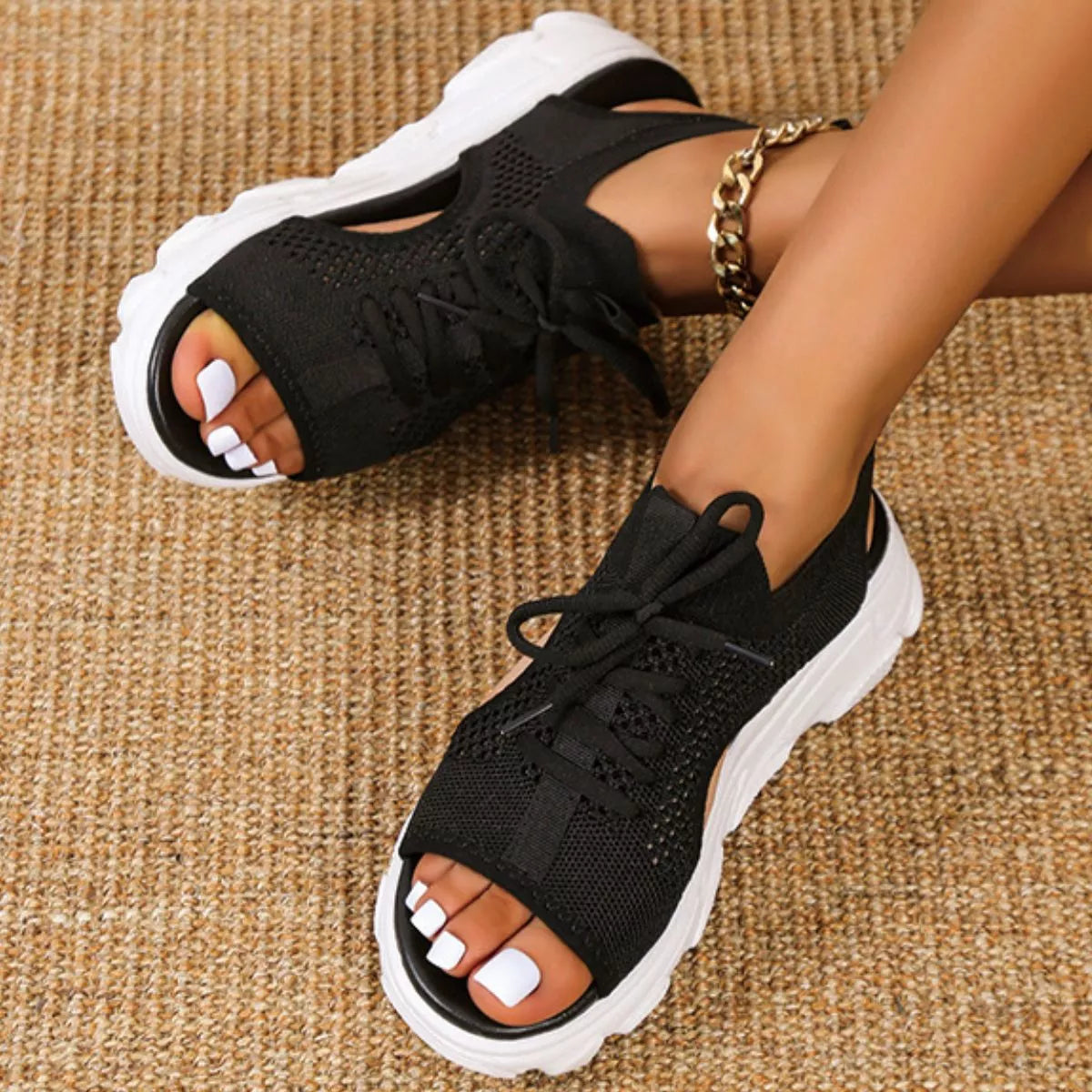 Shopimist breathable mesh lace-up platform sandals with chunky soles and open toe design, perfect for casual summer wear.