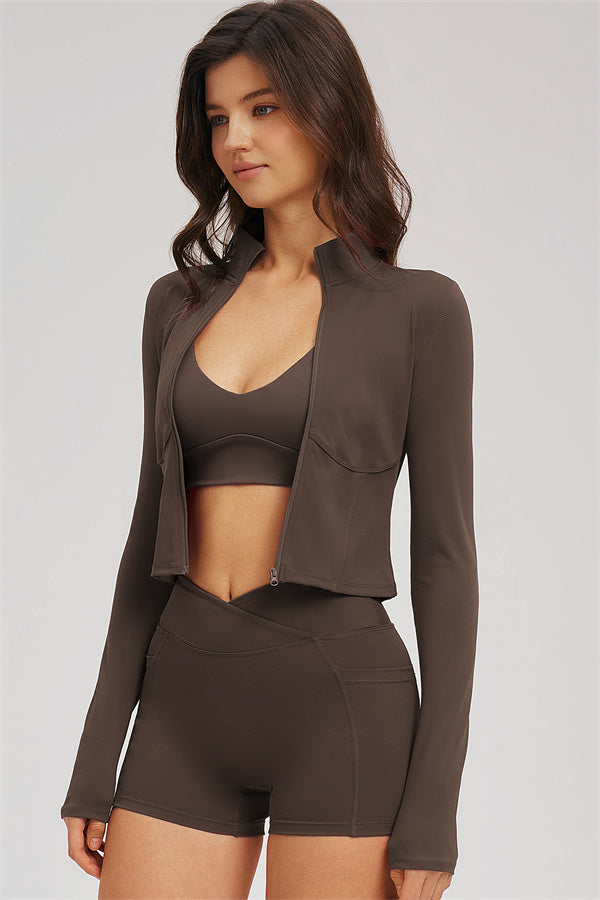 Fitglutes Activewear sports bra, zip jacket, and shorts 3-piece set for workout and gym activities, shown on a model.