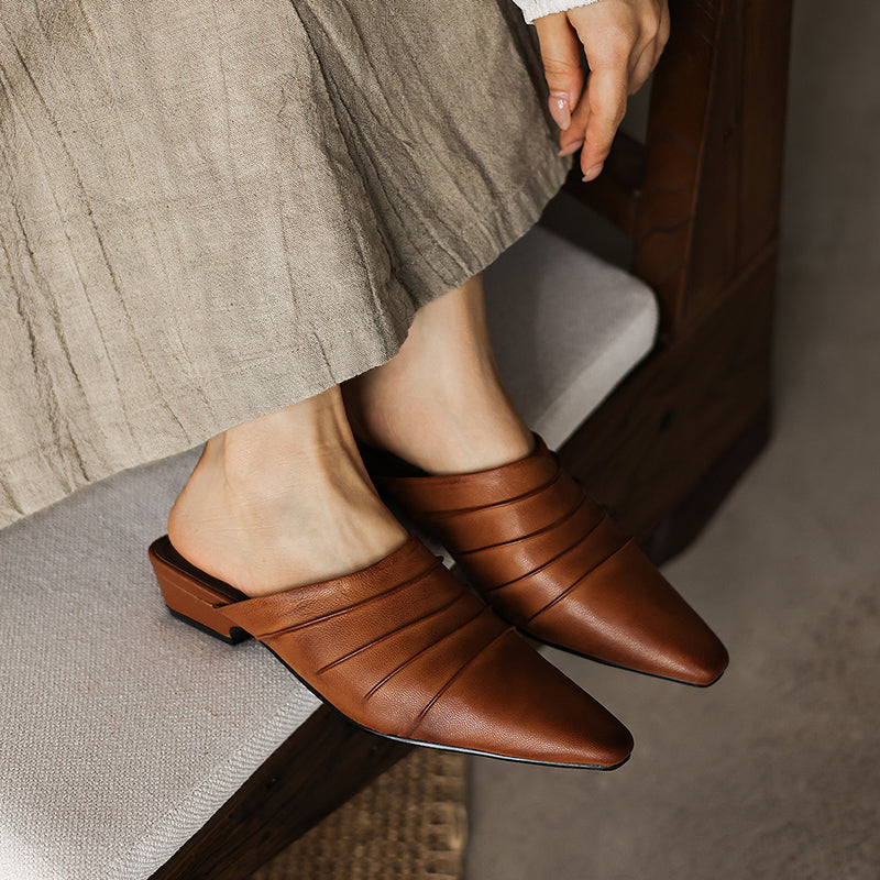 Handmade sheepskin ruched mule slides with square toe and low heel, by FitiqueFit, showcasing soft, textured footwear design