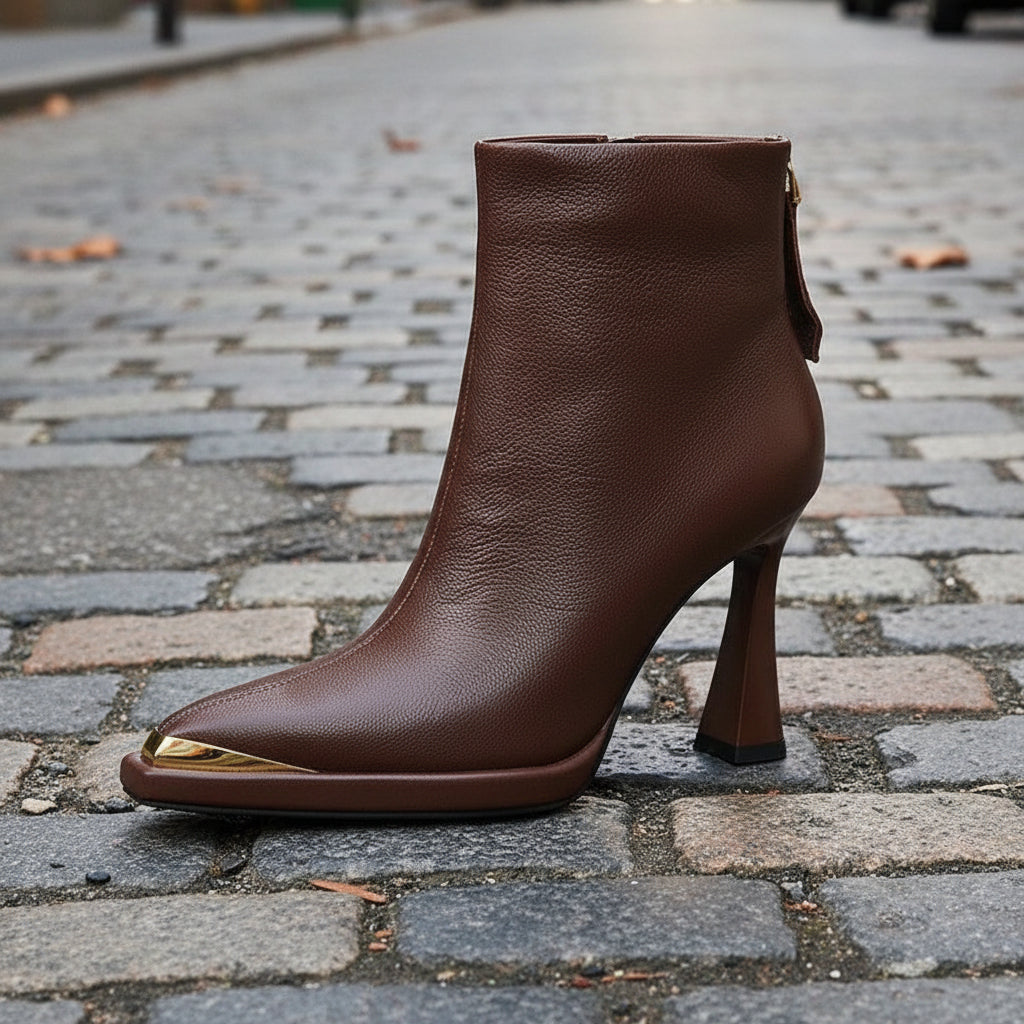 Women's pointed-toe chunky-heel side-zip boots by FitiqueFit, showcasing stylish black ankle footwear with sleek design details.