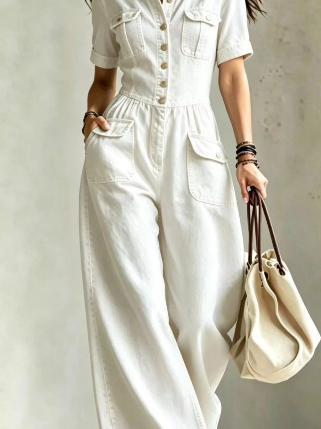 Plus size denim wide-leg jumpsuit with chest pockets, trendy full-size jumpsuit from Trendsi, featuring a relaxed fit and stylish design.