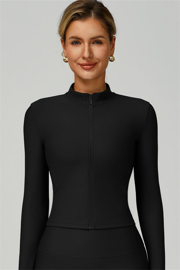 Fitglutes activewear sports bra, jacket, and leggings 3-piece set, stylish gymwear for workout and fitness activities.