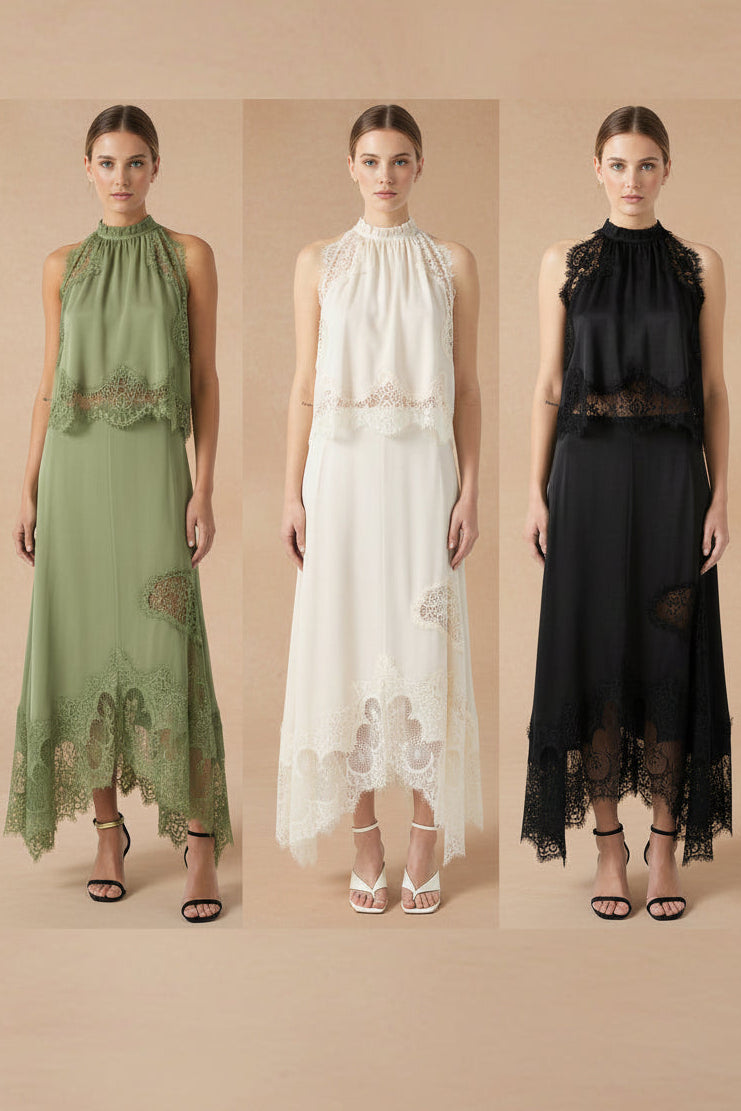 Plush Fashion Hub V-neck ruffle waist tank top and skirt set, elegant hollow-out two-piece casualwear ensemble on model.