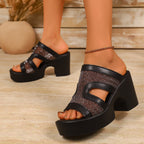 Open toe block heel sandals by Plush Fashion Hub featuring stylish straps and a chunky heel for fashionable comfort.