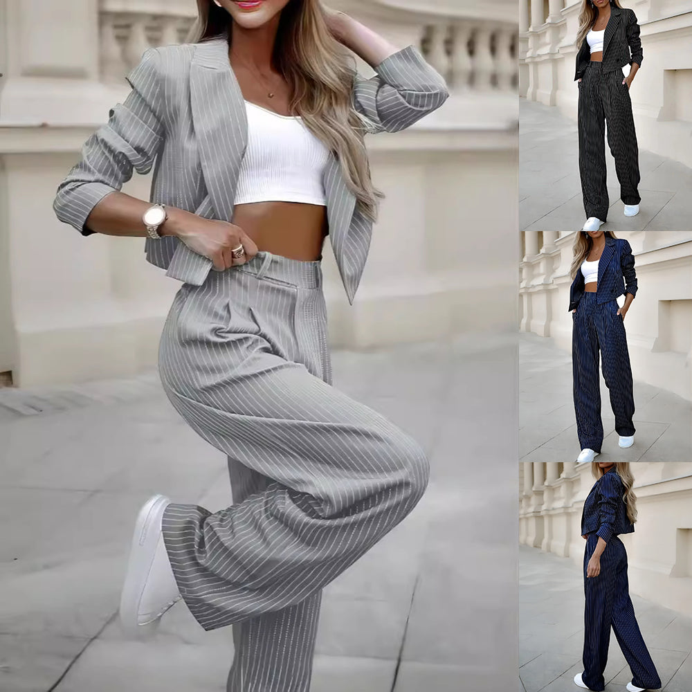 Women's striped spring fashion suit featuring a cropped long sleeve top and straight pants, with a casual lapel design.
