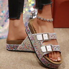 Shopimist rhinestone double buckle sandals featuring stylish straps and sparkling embellishments, perfect for summer footwear.