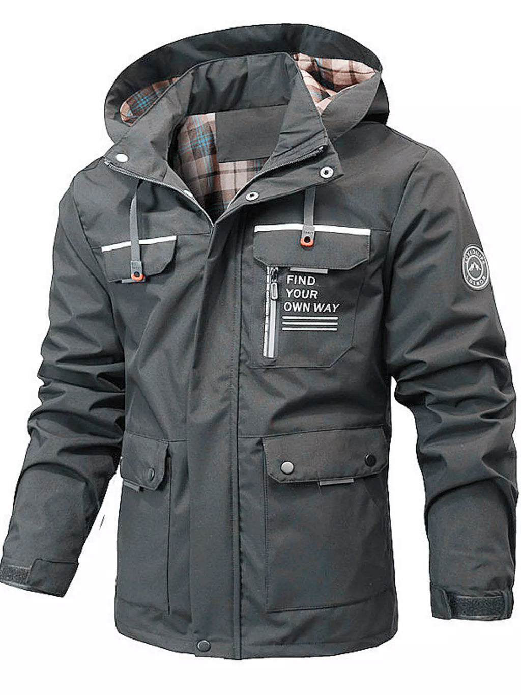 Men's plus size hooded outdoor windproof coat by Shopimist, showing the black windbreaker with hood and front zipper.