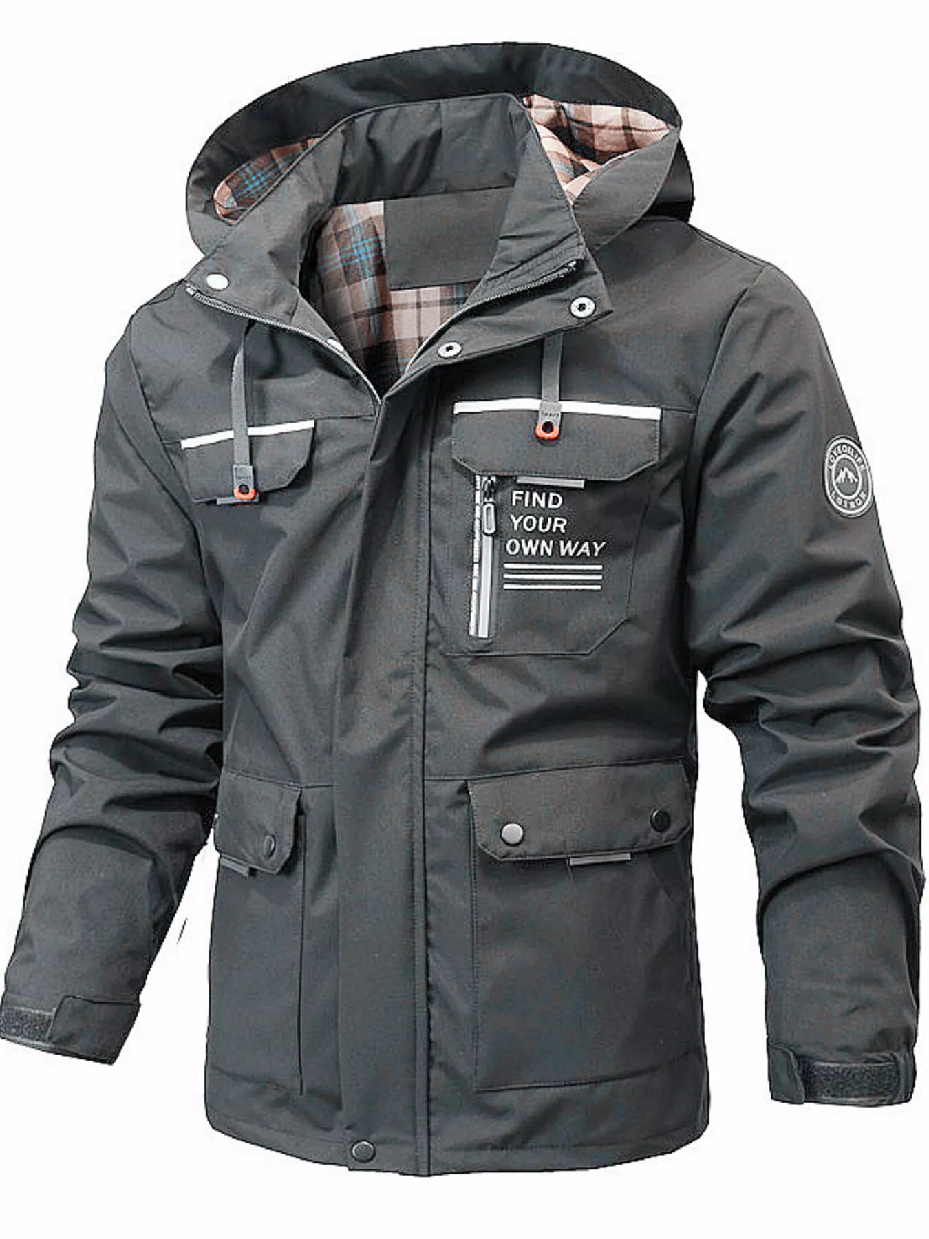 Men's plus size hooded outdoor windproof coat by Shopimist, showing the black windbreaker with hood and front zipper.