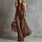 Leopard print sheer wide-leg pants and sleeveless tank top set by FitiqueFit, casualwear style with relaxed fit and bold animal print.