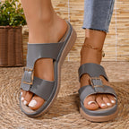 Open toe buckle sandals by Shopimist featuring stylish straps and a comfortable flat sole.
