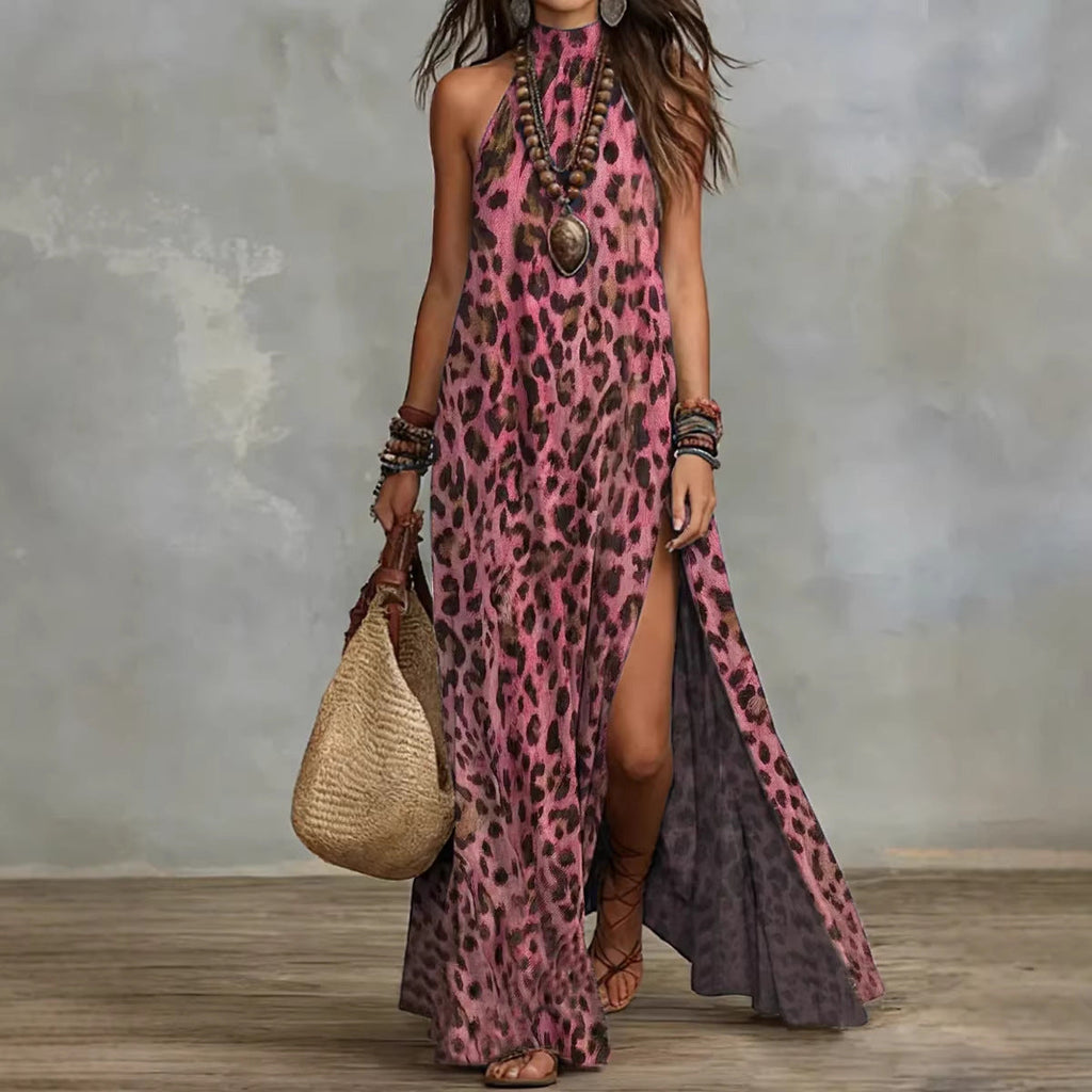 Women's printed boho maxi dress by FitiqueFit, sleeveless with a split and loose fit, featuring a stylish scarf-style design.