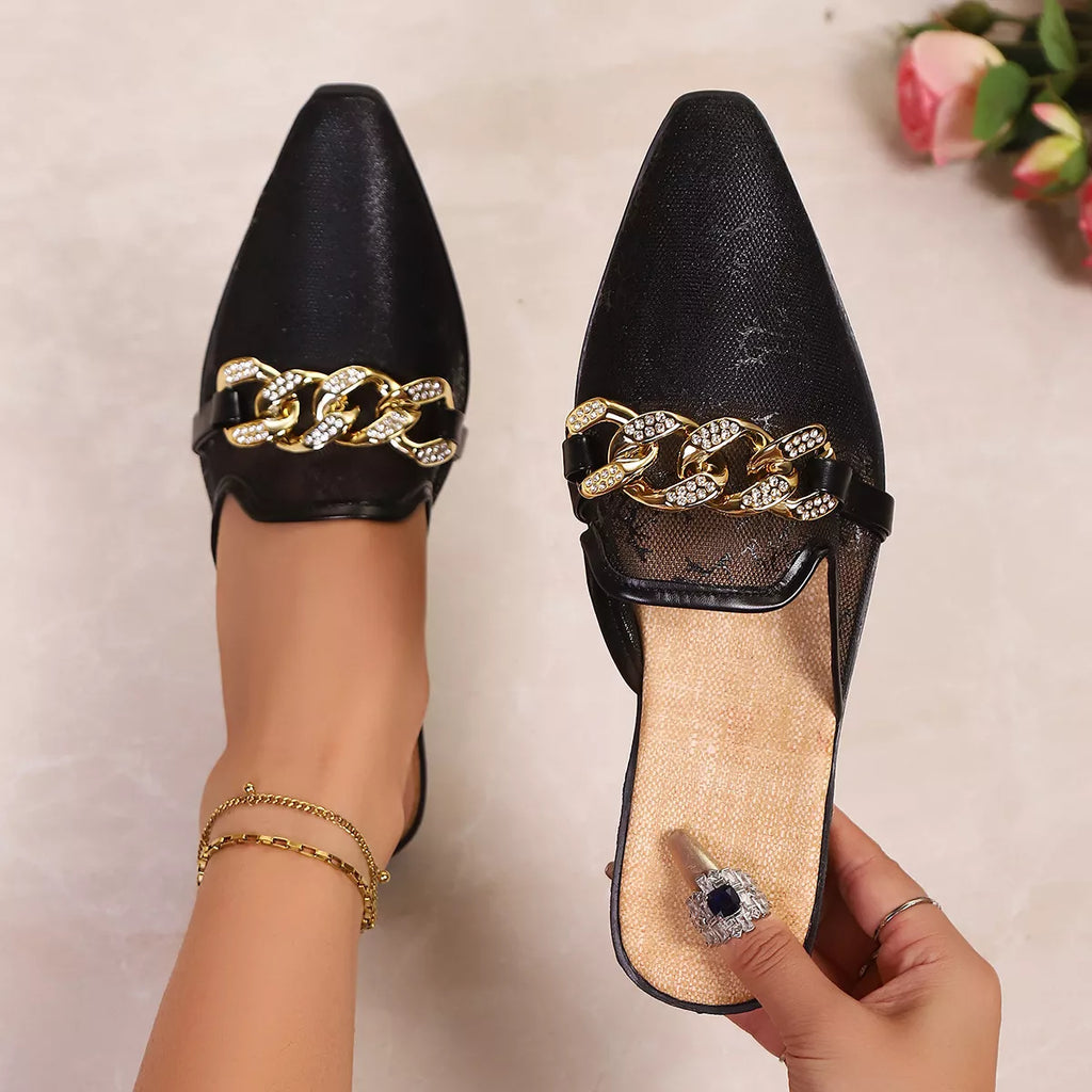 Shopimist point toe chain detail sandals showcasing sleek design with chain accents and open-toe style.