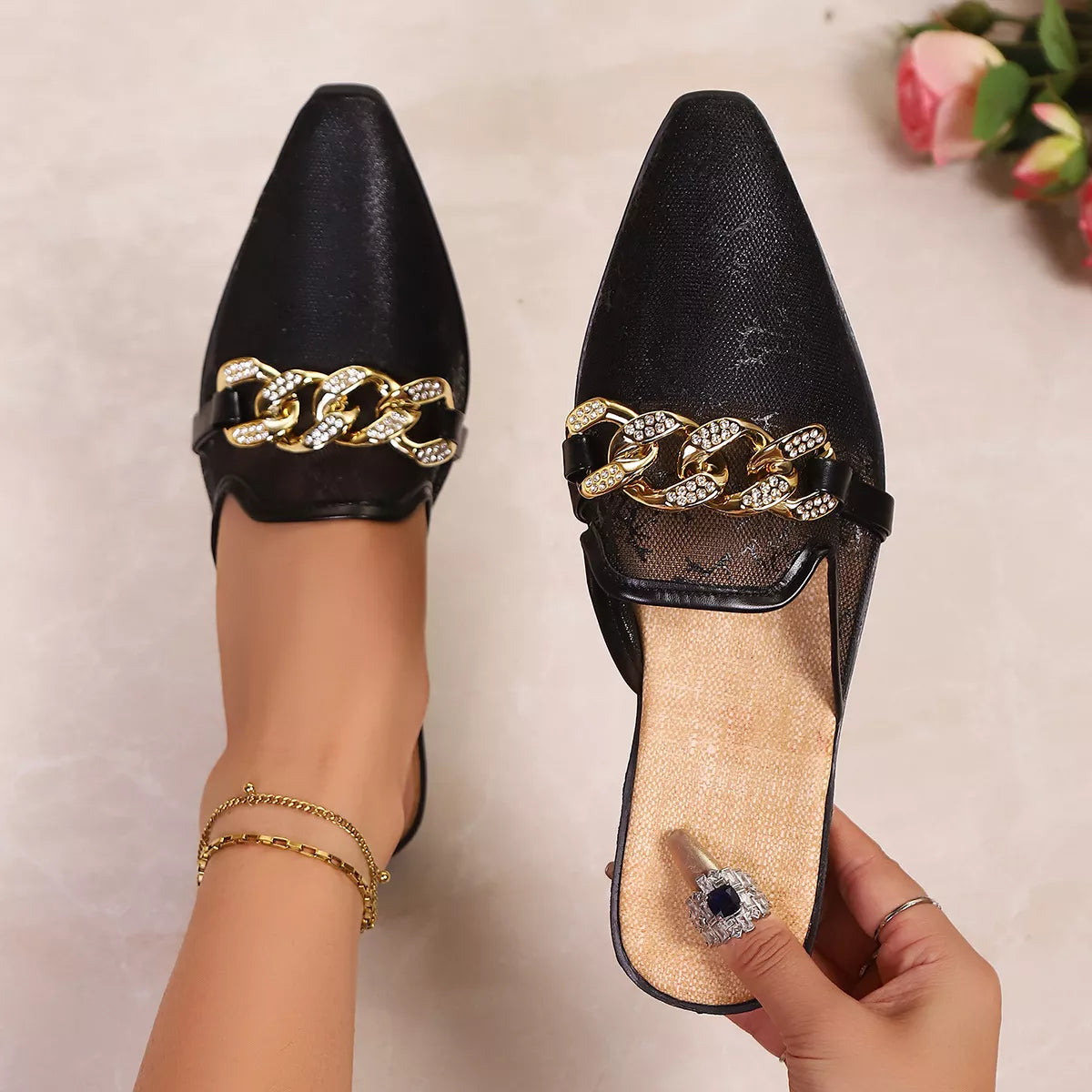 Shopimist point toe chain detail sandals showcasing sleek design with chain accents and open-toe style.