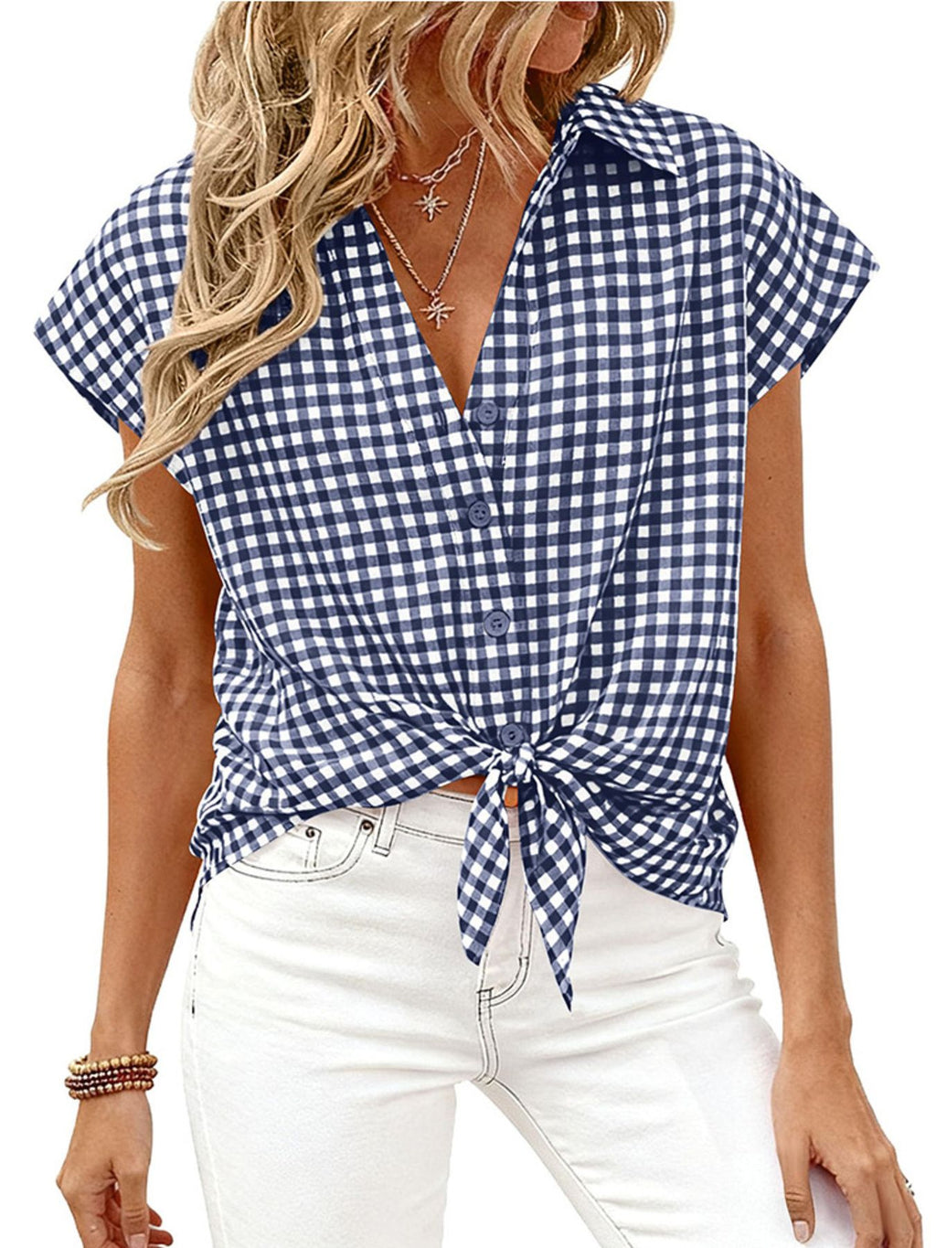 Women's classic gingham print button-down shirt with tie detail, featuring long sleeves and a relaxed fit, from Trendsi.
