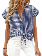 Women's classic gingham print button-down shirt with tie detail, featuring long sleeves and a relaxed fit, from Trendsi.