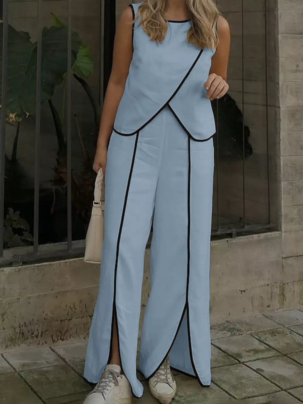 Contrast trim sleeveless top and wide-leg pants set from Shopimist, featuring a stylish sleeveless design with contrasting accents.