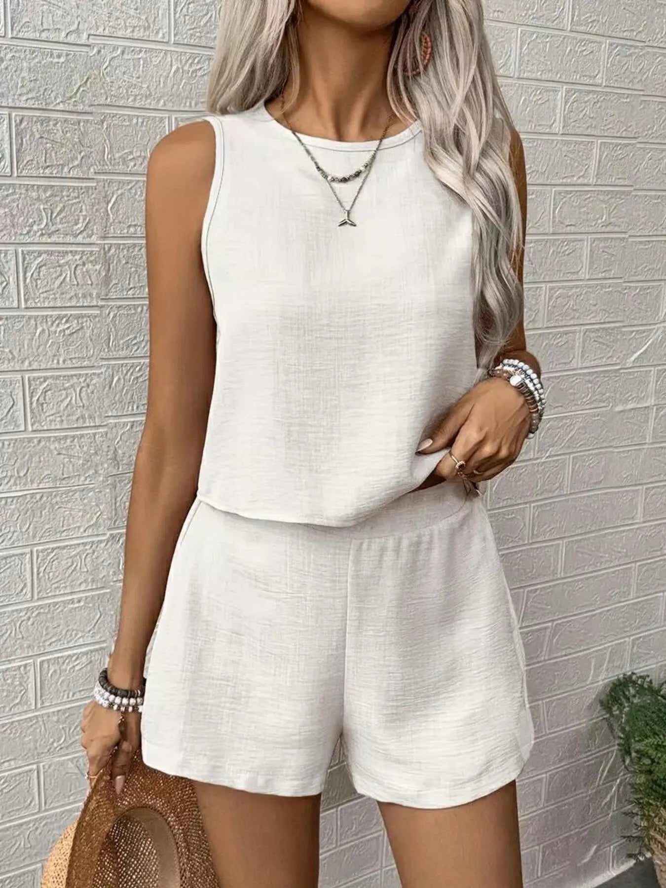Plush Fashion Hub round neck tank top and shorts two-piece set, casual summer outfit with soft fabric and relaxed fit.