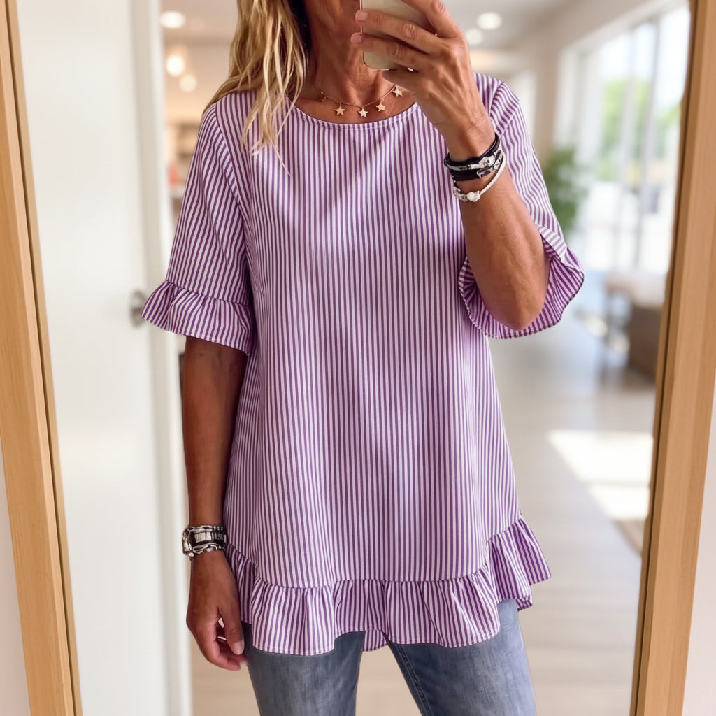 Women's striped ruffle-sleeve loose-fit blouse with three-quarter sleeves, casualwear from FitiqueFit, shown on a model.